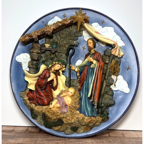 Hand-Painted Nativity Scene Wall Plate With Holy Family Star Details 3D Light - Picture 1 of 7